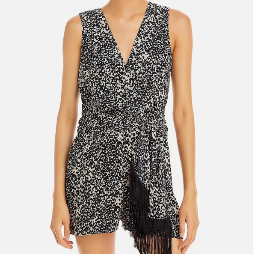 BCBGMAXAZRIA Leopard Fringed-Tie Romper – Size S – NWT